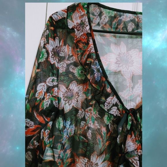 Floral Sheer Blouse - Black, Green, Orange - Picture 4 of 11